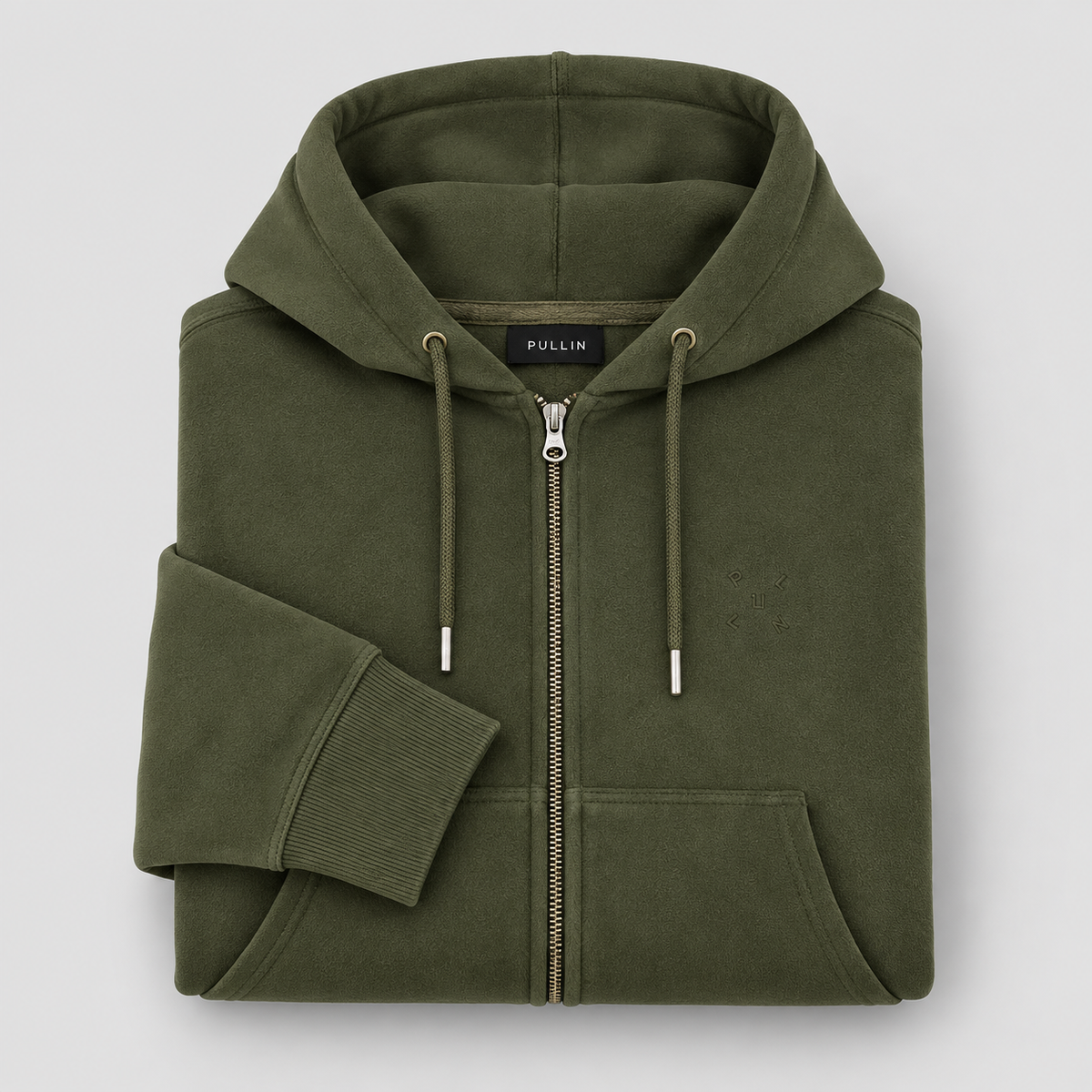Sweat Pullin SHERPAKAKI vert kaki plié avec capuche et logo ton sur ton
