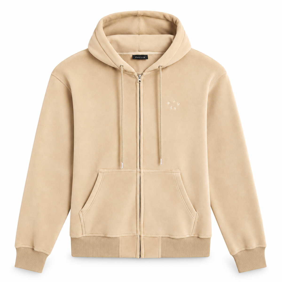 Sweat zippé à capuche beige sable PULLIN pour homme, vu de face avec broderie poitrine.