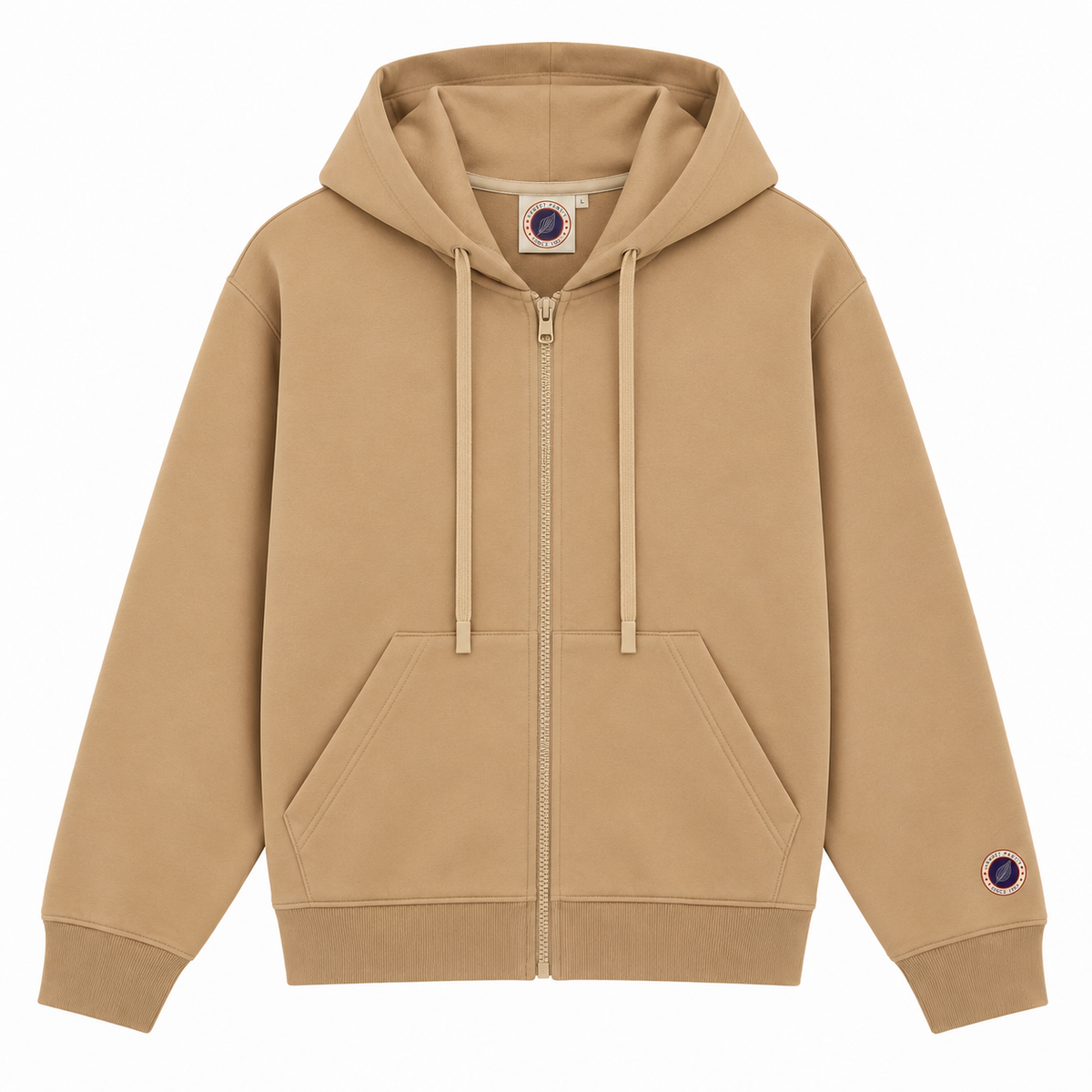 donne moi le alt :
Sweat à capuche zippé Sweet Pants F Iconic Zip Truck beige, vue de face sur fond blanc, poche kangourou, logo tricolore sur la manche.
