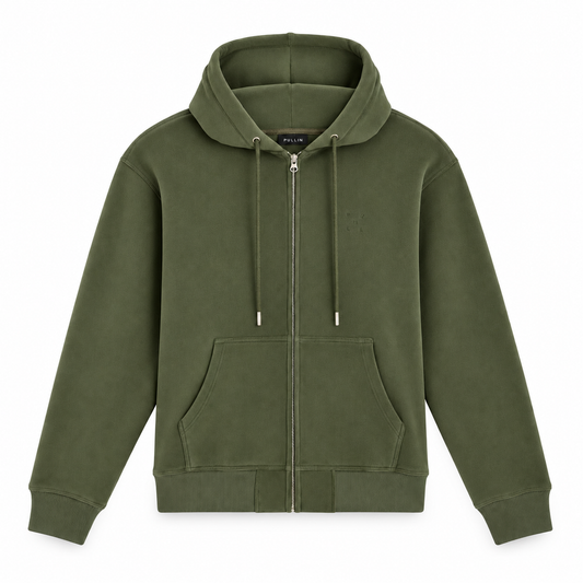 Sweat zippé à capuche kaki PULLIN pour homme, vu de face avec broderie ton sur ton et poches kangourou.