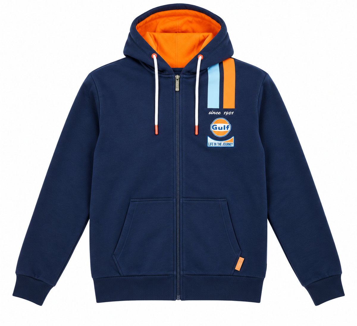 Sweat zippé Gulf Full Zip Legend bleu marine pour homme, capuche orange contrastée et broderies racing, vue de face sur fond blanc.