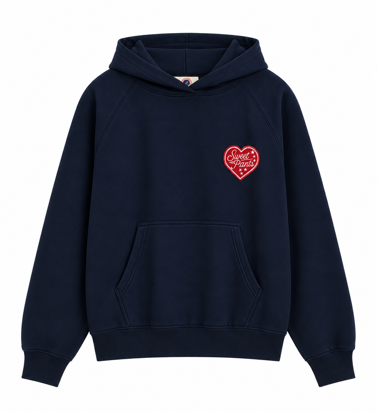 Sweat à capuche Heritage Hood Sweet Pants bleu marine, patch cœur rouge sur la poitrine, vue de face sur fond blanc.