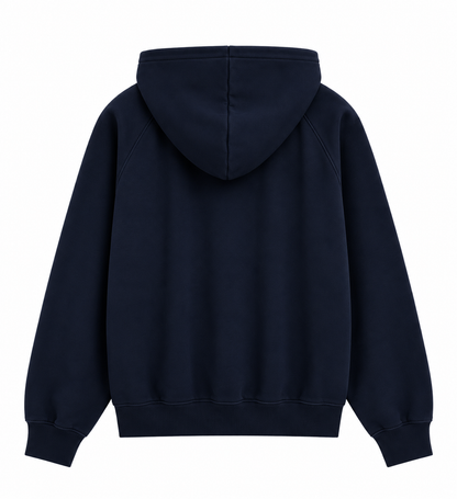 Sweat Heritage Hood Sweet Pants bleu marine, vue de dos avec capuche, manches raglan et finitions bord-côte sur fond blanc.