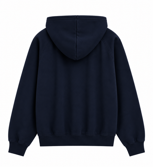 Sweat Heritage Hood Sweet Pants bleu marine, vue de dos avec capuche, manches raglan et finitions bord-côte sur fond blanc.