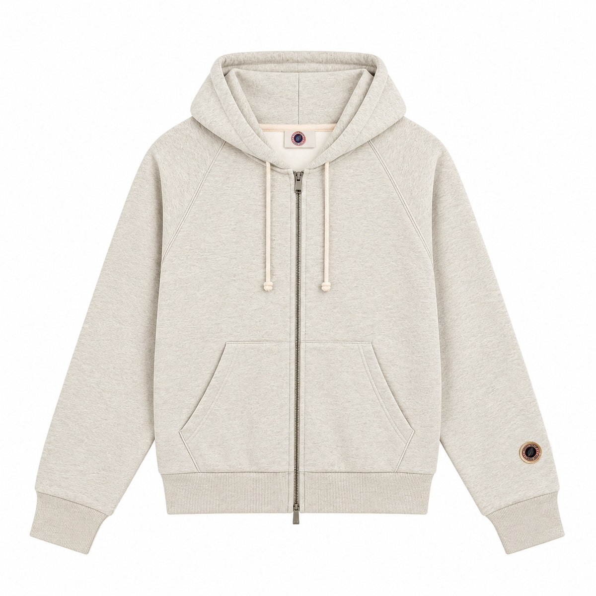 Sweat zippé Sweet Pants F Iconic Zip écru chiné de face, capuche à cordons et poche kangourou sur fond blanc