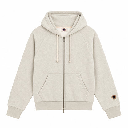 Sweat zippé Sweet Pants F Iconic Zip écru chiné de face, capuche à cordons et poche kangourou sur fond blanc