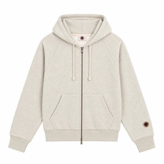 Sweat zippé Sweet Pants F Iconic Zip écru chiné de face, capuche à cordons et poche kangourou sur fond blanc