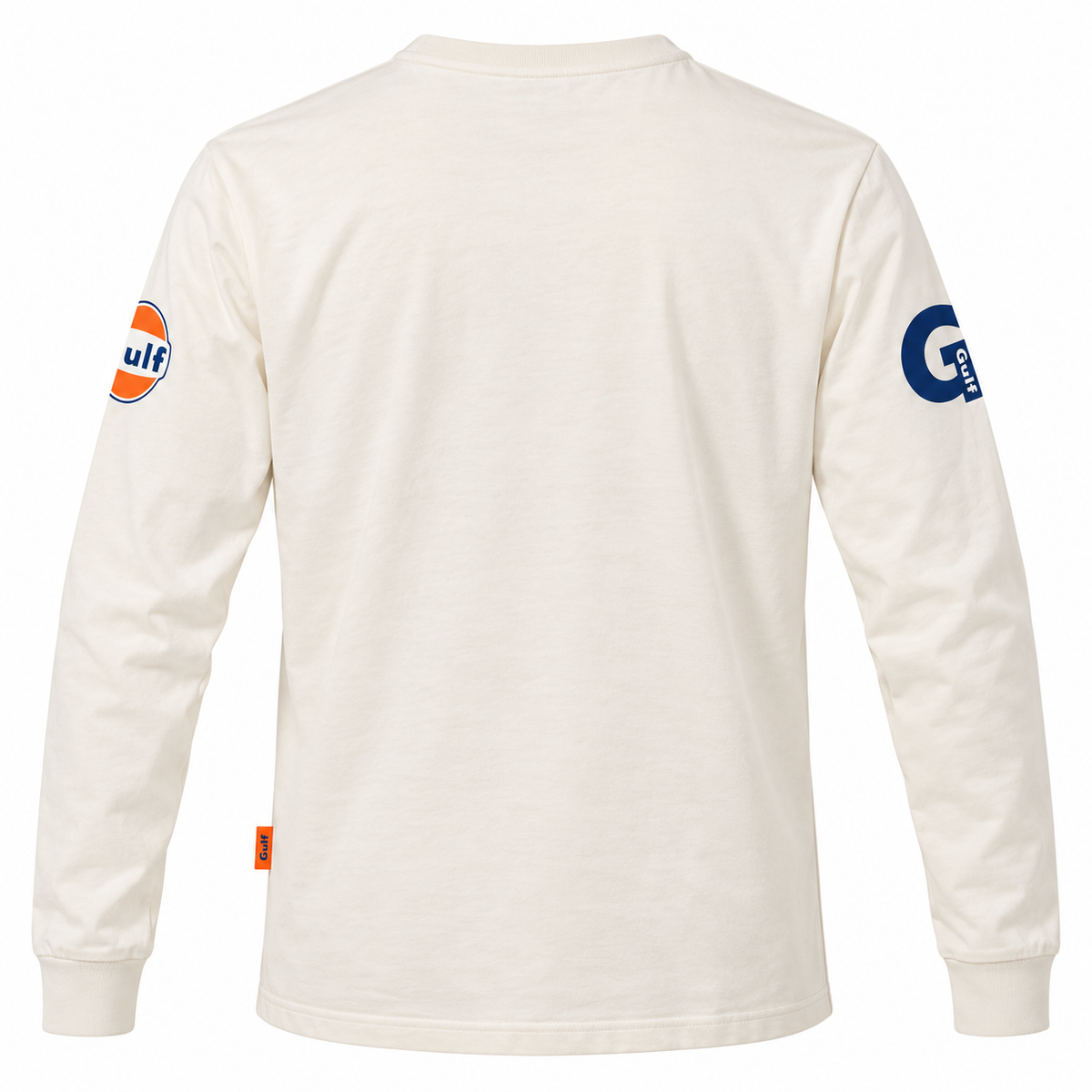 Vue de dos du tee-shirt manches longues Gulf Bold 1901 écru, dos uni, détails des manches Gulf, capsule 125 ans.