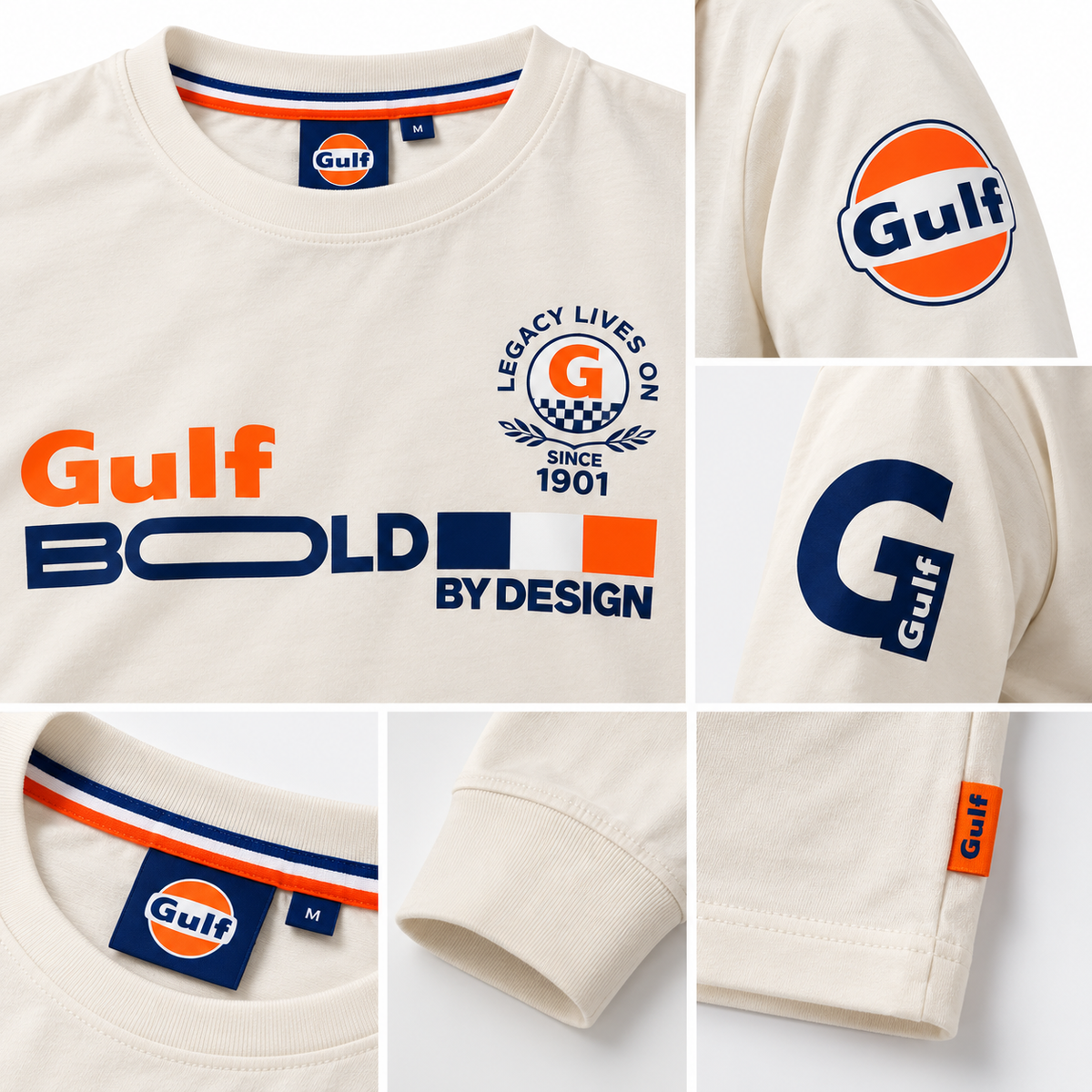 Détails du tee-shirt Gulf Bold 1901 écru : marquage poitrine, emblème anniversaire Since 1901, logos sur manches et finitions Gulf.