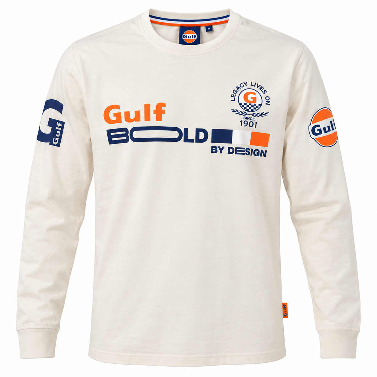 Tee-shirt manches longues Gulf Bold 1901 écru de face, capsule anniversaire 125 ans, logos racing sur poitrine et manches.