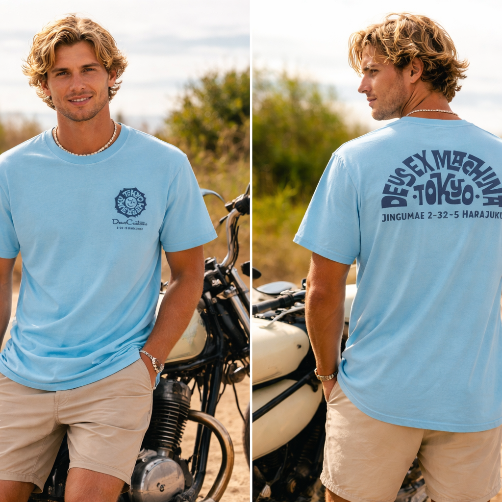 Tee-shirt Tokyo Address Deus Ex Machina bleu ciel porté homme vue de face
