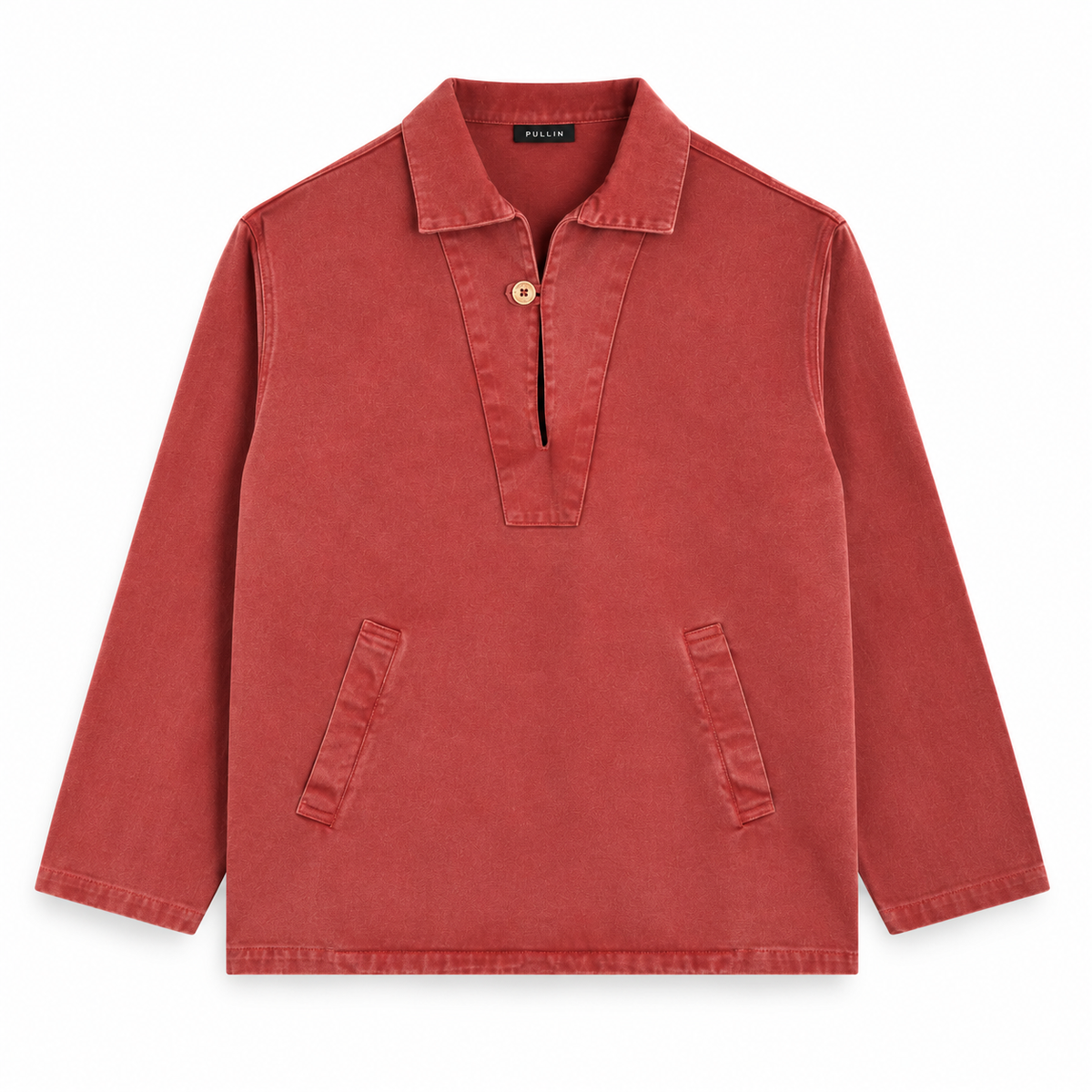 Vareuse DINARD RUST PULLIN en velours rouge brique, vue de face avec col boutonné et deux poches obliques.