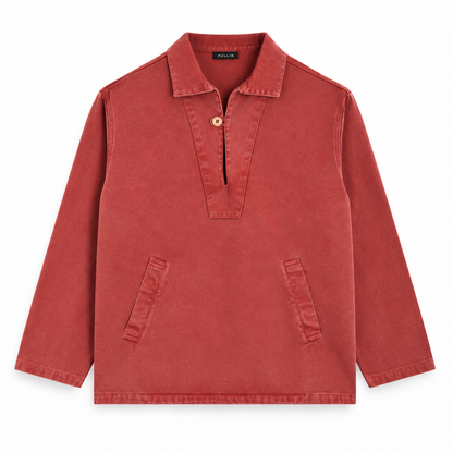 Vareuse DINARD RUST PULLIN en velours rouge brique, vue de face avec col boutonné et deux poches obliques.