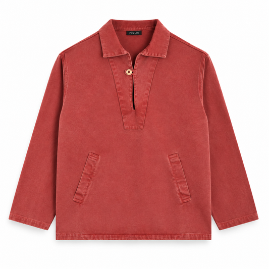 Vareuse DINARD RUST PULLIN en velours rouge brique, vue de face avec col boutonné et deux poches obliques.