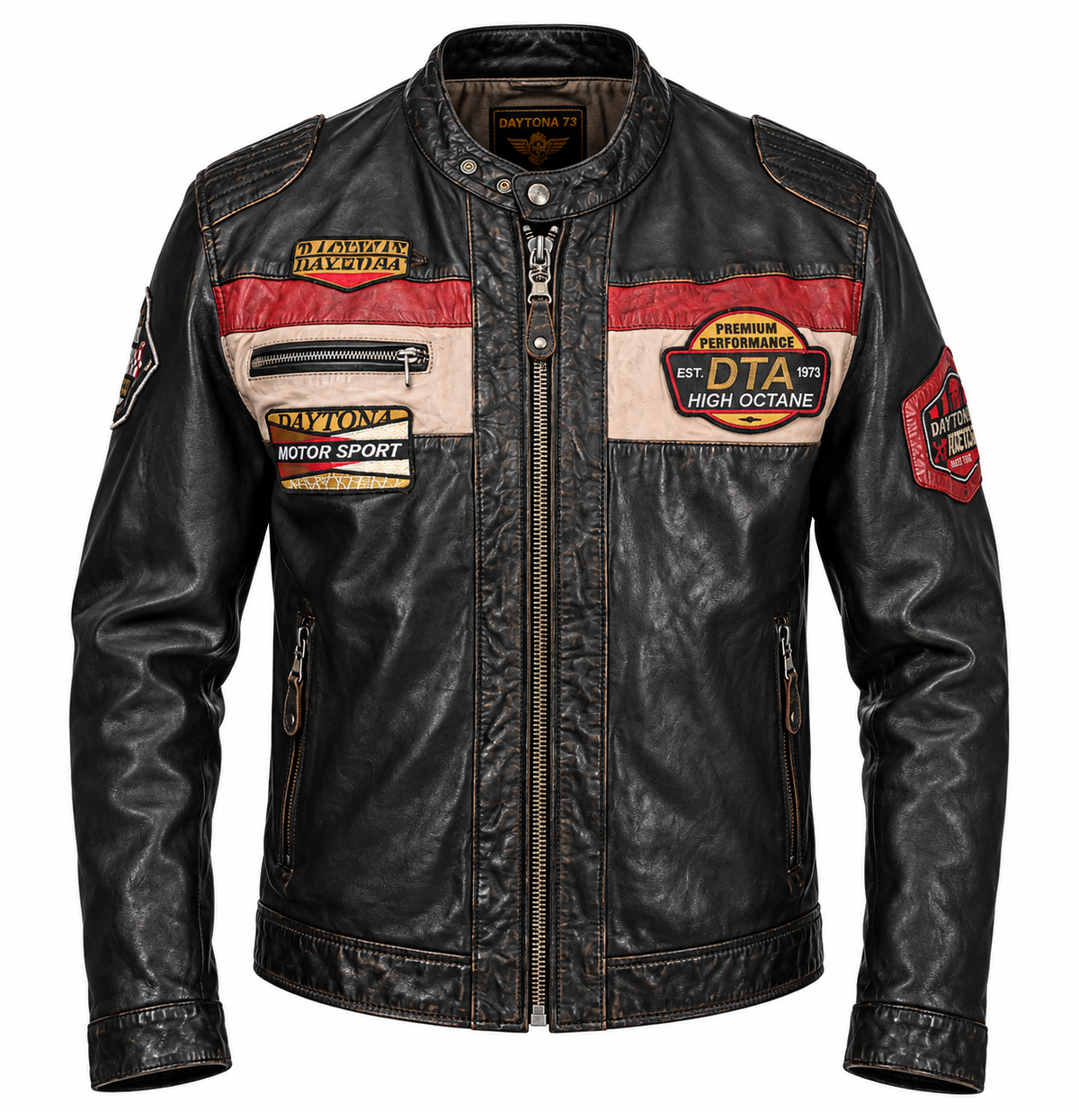 Blouson moto Nedoc Daytona 73 en cuir noir vieilli, bandes rouges et écrues, patchs racing brodés et col motard.