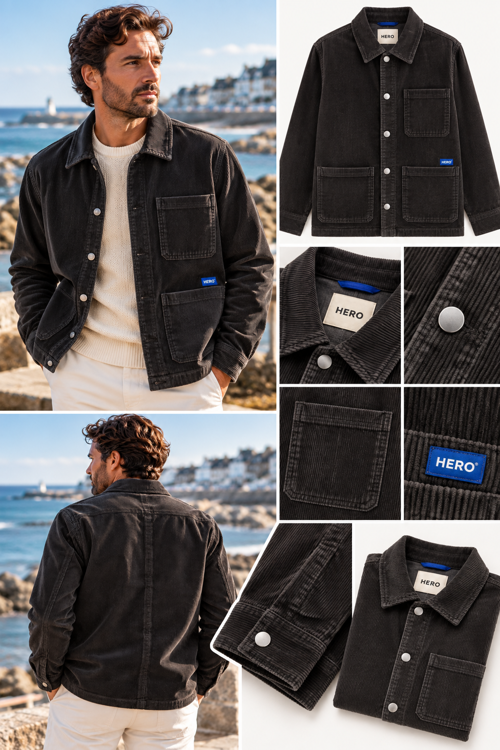Détails veste ADRIEL Hero Seven velours côtelé noir avec poches, boutons, logo et finitions