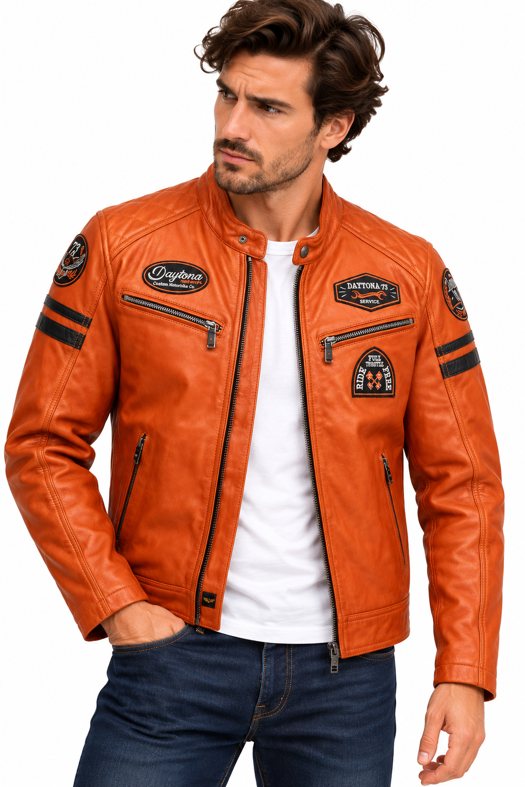 Homme portant le blouson motard NIETO Daytona 73 orange cognac sur fond blanc
