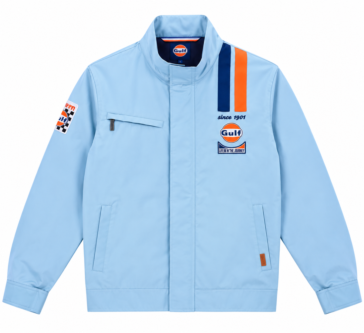 Veste Gulf Legend bleu ciel pour homme, détails racing orange et écusson Gulf, vue de face sur fond blanc