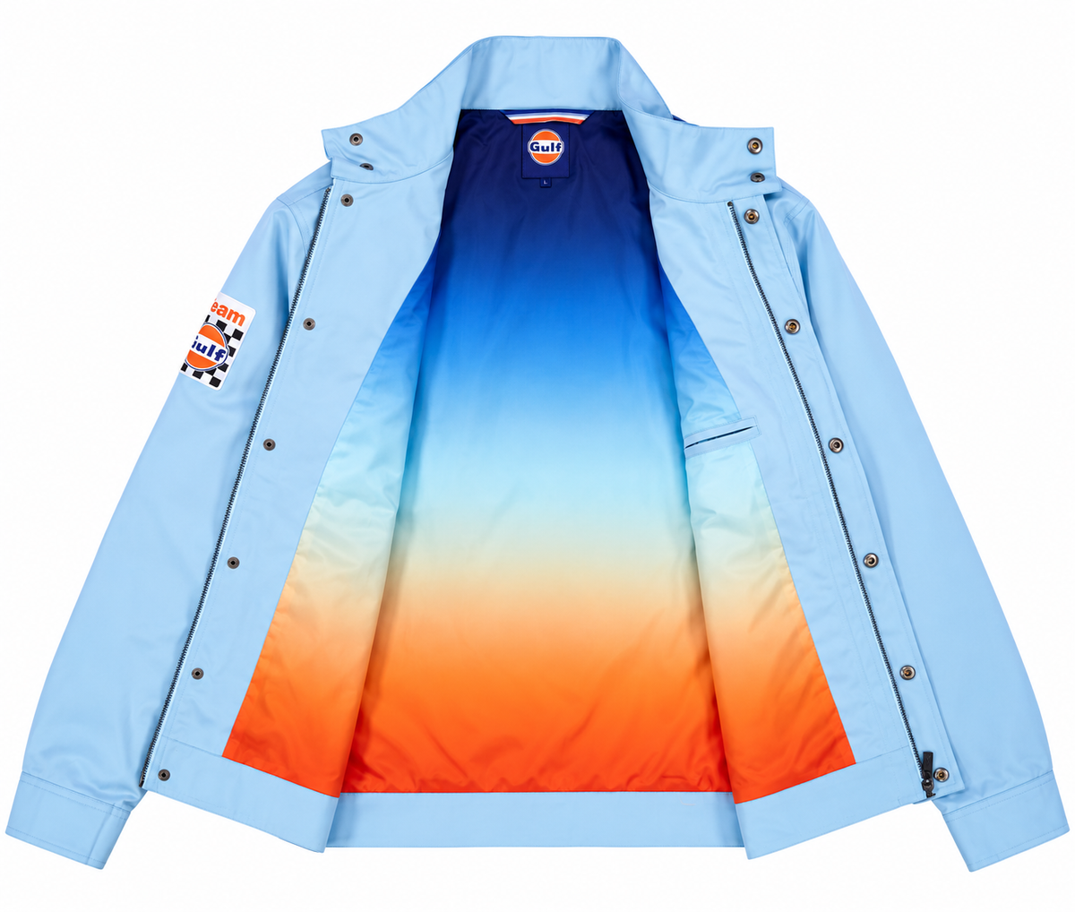 Intérieur de la veste Gulf Legend bleu ciel ouverte, doublure dégradée bleu et orange, détails et finitions