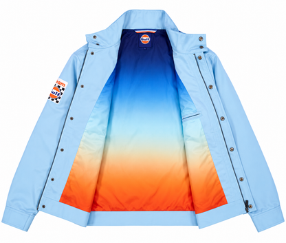 Intérieur de la veste Gulf Legend bleu ciel ouverte, doublure dégradée bleu et orange, détails et finitions