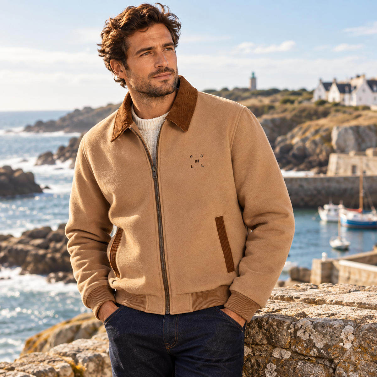Veste Shelby Brownie Pullin beige portée homme style élégance côtière à Quiberon