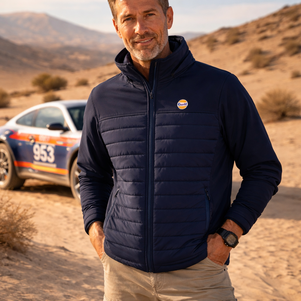 Veste Softshell Hybrid Gulf bleu marine portée homme style heritage automobile dans le desert