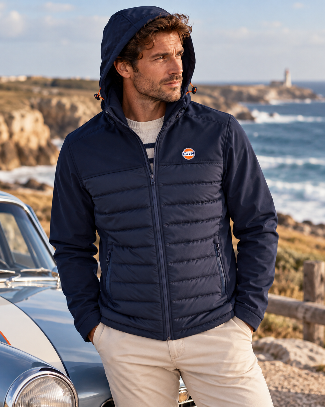 Veste Softshell Hybrid Gulf bleu marine portée homme style heritage automobile sur la Côte Sauvage