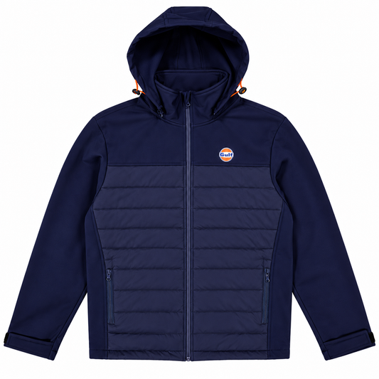 Veste softshell hybride Gulf bleu marine pour homme, capuche ajustable, devant matelassé, fermeture zippée et logo Gulf sur la poitrine.