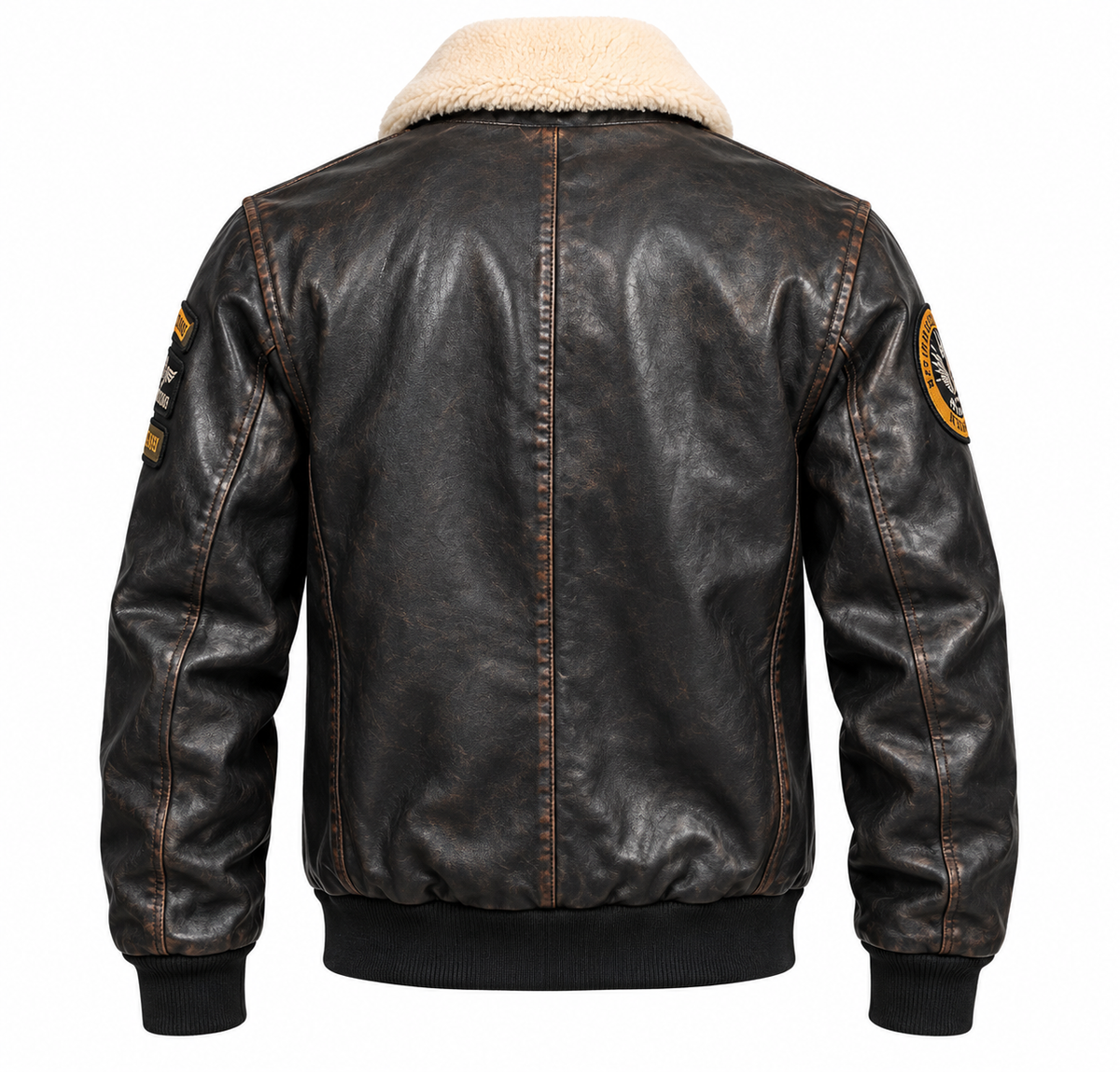 Vue de dos du blouson cuir aviateur Mock Daytona 73, cuir d'agneau vieilli noir, col mouton et finitions bords-côtes.