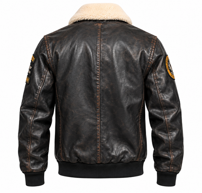 Vue de dos du blouson cuir aviateur Mock Daytona 73, cuir d'agneau vieilli noir, col mouton et finitions bords-côtes.