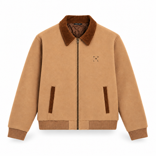 Blouson camel PULLIN pour homme, vu de face avec col en velours côtelé marron et fermeture zippée.