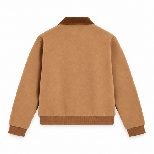 Blouson camel PULLIN pour homme, vu de dos avec col marron et finitions côtelées aux poignets et à la taille.