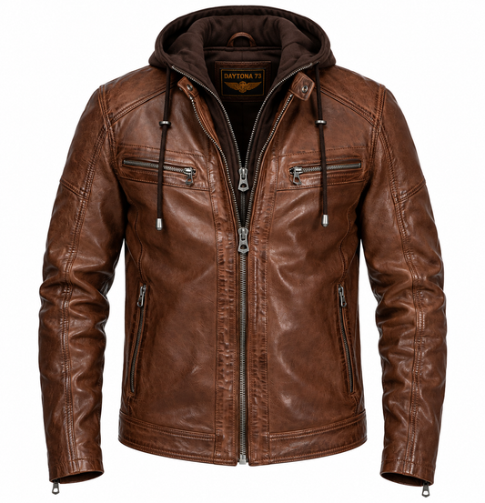 Blouson Bishop Daytona 73 en cuir d'agneau cognac vieilli, capuche marron amovible, quatre poches zippées, vue de face.
