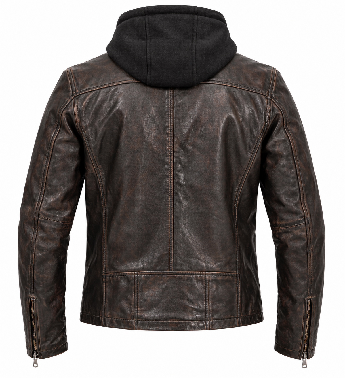 Vue de dos du blouson cuir Winstoner Daytona 73 marron vieilli, capuche noire, coutures structurées et poignets zippés.
