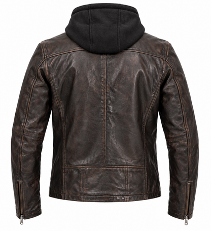 Vue de dos du blouson cuir Winstoner Daytona 73 marron vieilli, capuche noire, coutures structurées et poignets zippés.