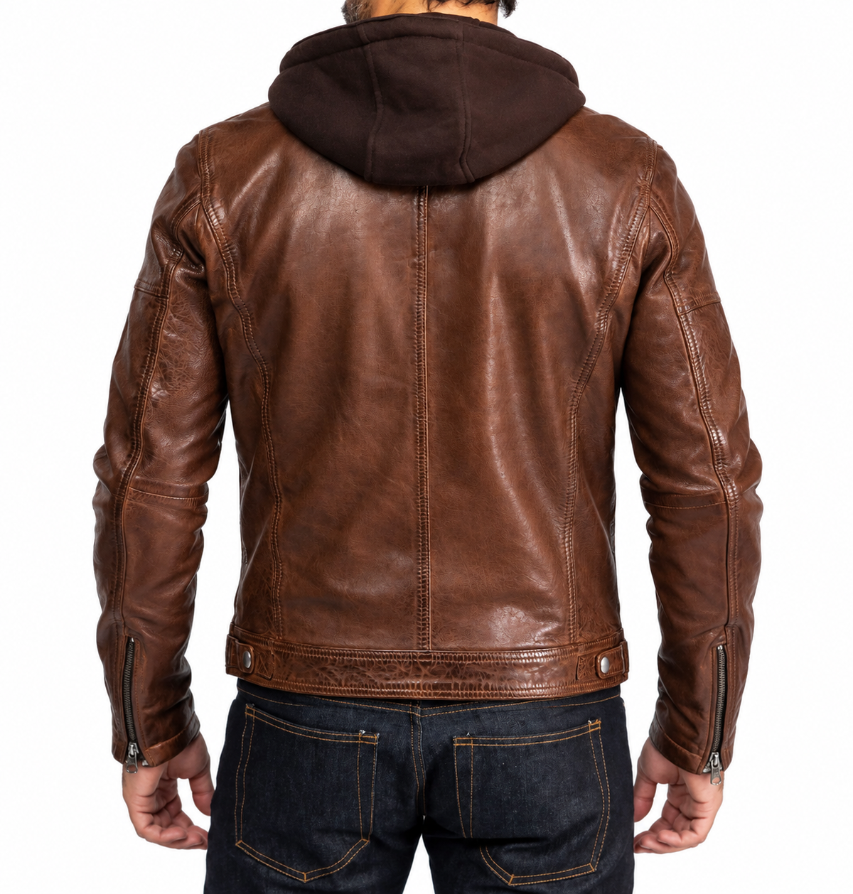 Vue de dos du blouson Bishop Daytona 73 en cuir cognac patiné, capuche marron, coutures structurées et pattes à pression à la taille.