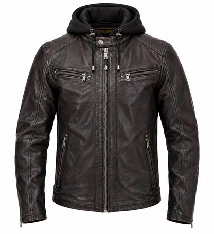 Blouson Winstoner Daytona 73 en cuir de mouton marron foncé vieilli, capuche noire amovible, quatre poches zippées, vue de face.