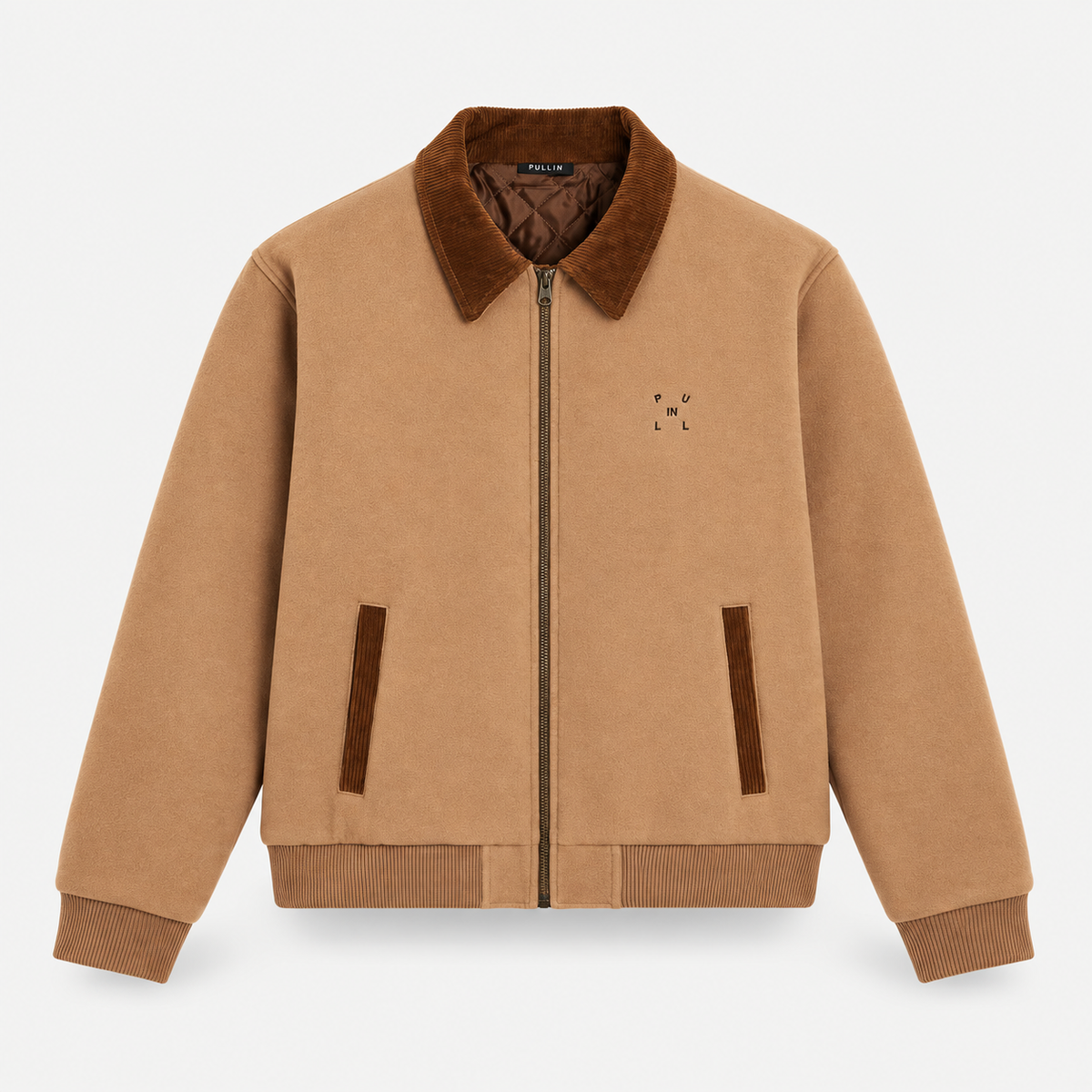 Veste homme Shelby Brownie Pullin beige vue de face avec col velours