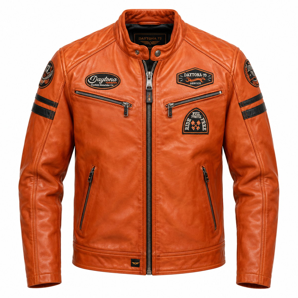 Blouson motard NIETO Daytona 73 en cuir de mouton orange cognac, vue de face