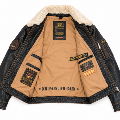 Doublure intérieure beige du blouson cuir CHATOM Daytona 73 avec poches et étiquettes