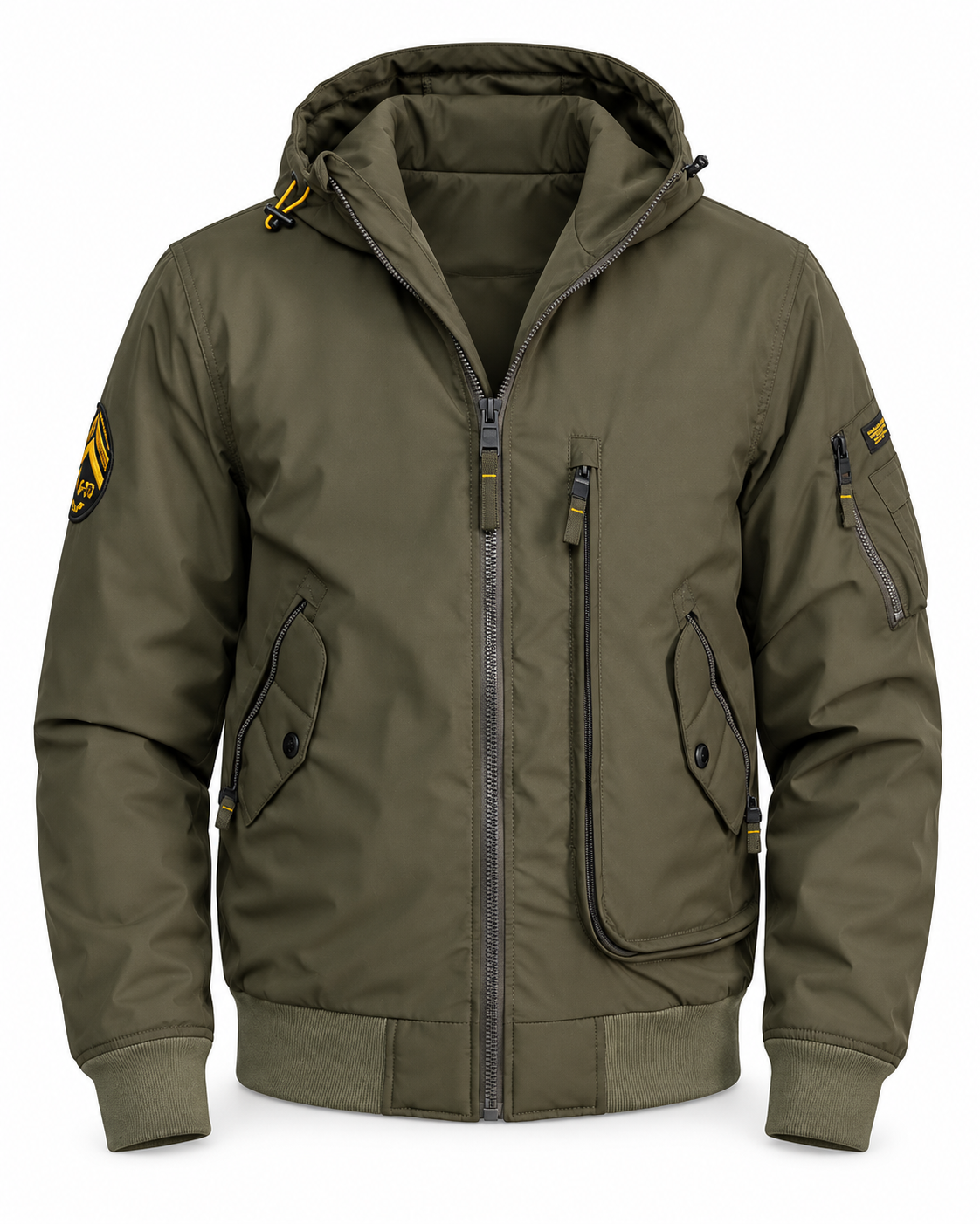 Blouson aviation kaki homme imperméable à capuche vue de face