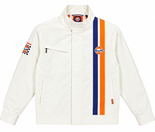 Veste Gulf Legend crème pour homme, bandes racing bleu marine et orange, logo Gulf brodé, fond blanc studio