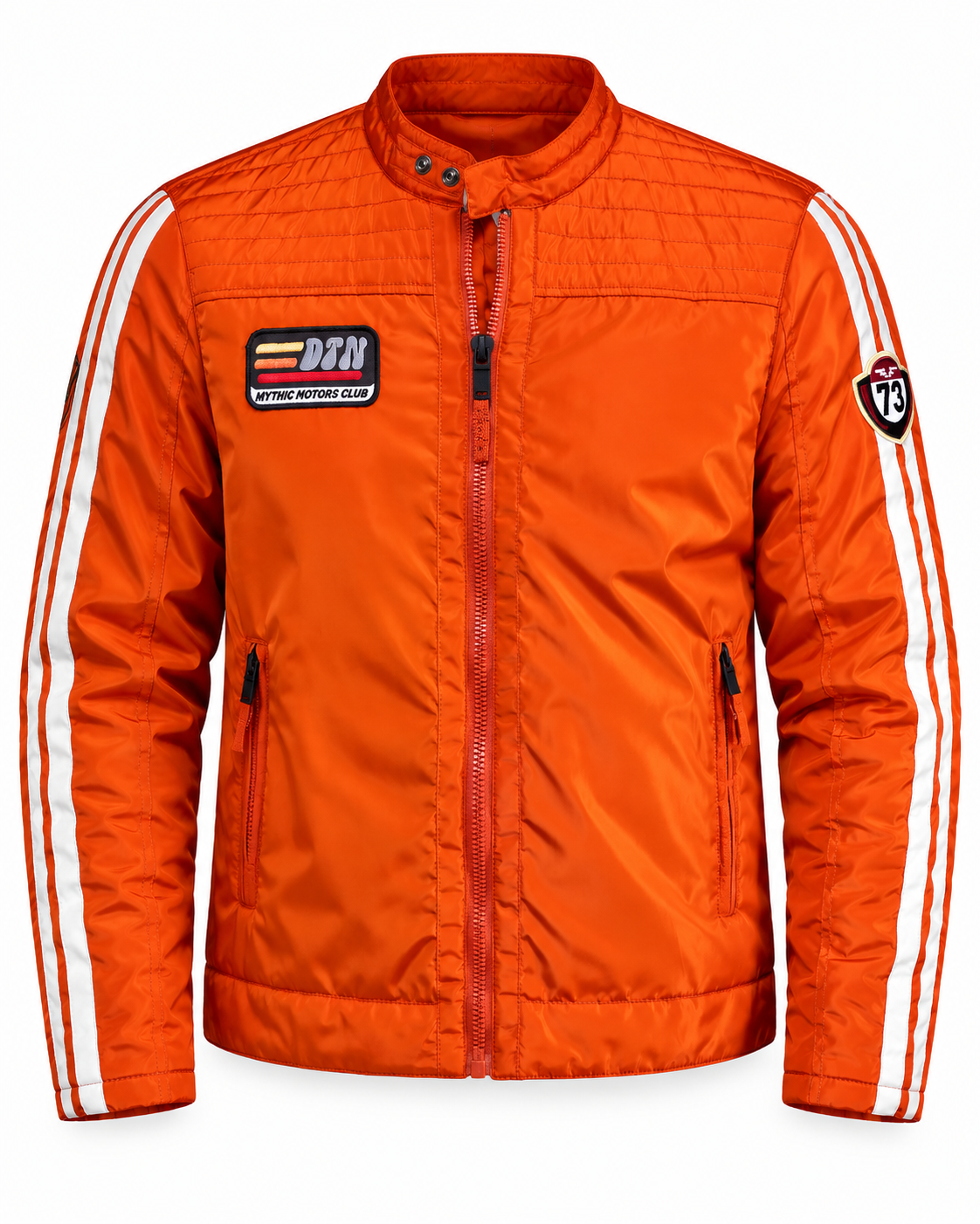 Veste racing orange homme en nylon avec bandes blanches et écussons brodés vue de face