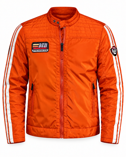 Veste racing orange homme en nylon avec bandes blanches et écussons brodés vue de face