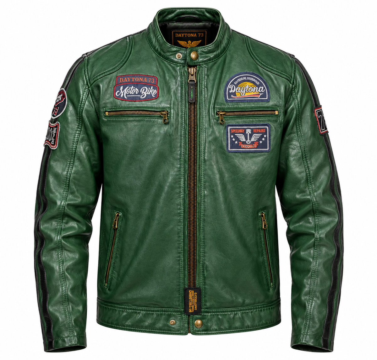 Blouson motard Tormo Daytona 73 en cuir de mouton vert, patchs brodés racing, col pression et poches zippées, vue de face.