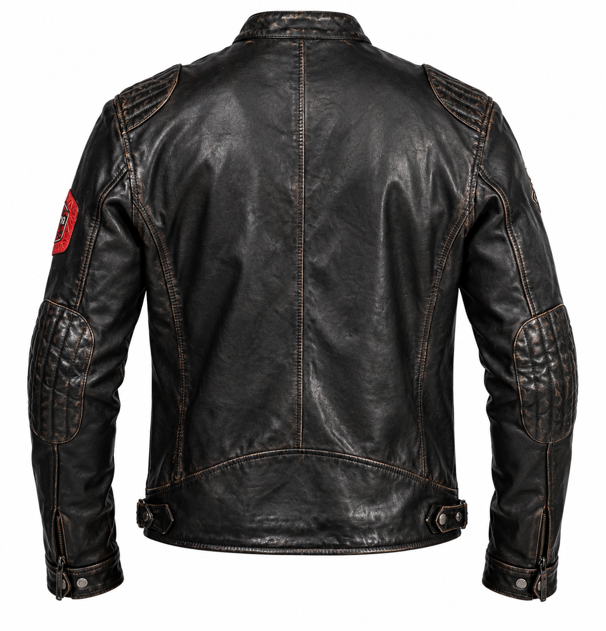 Vue de dos du blouson cuir Nedoc Daytona 73 noir vieilli, épaules et coudes matelassés, coutures contrastantes et pattes de taille.