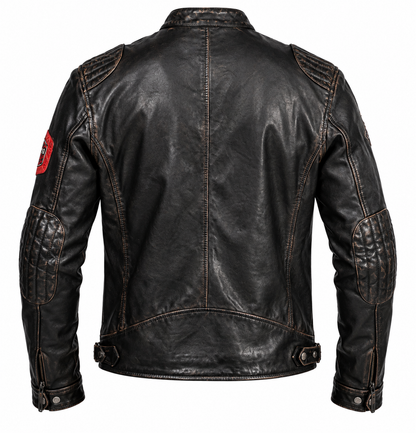 Vue de dos du blouson cuir Nedoc Daytona 73 noir vieilli, épaules et coudes matelassés, coutures contrastantes et pattes de taille.
