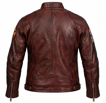 Dos du blouson Aniak Daytona 73 en cuir de mouton bordeaux vieilli avec coutures structurées et pattes de réglage
