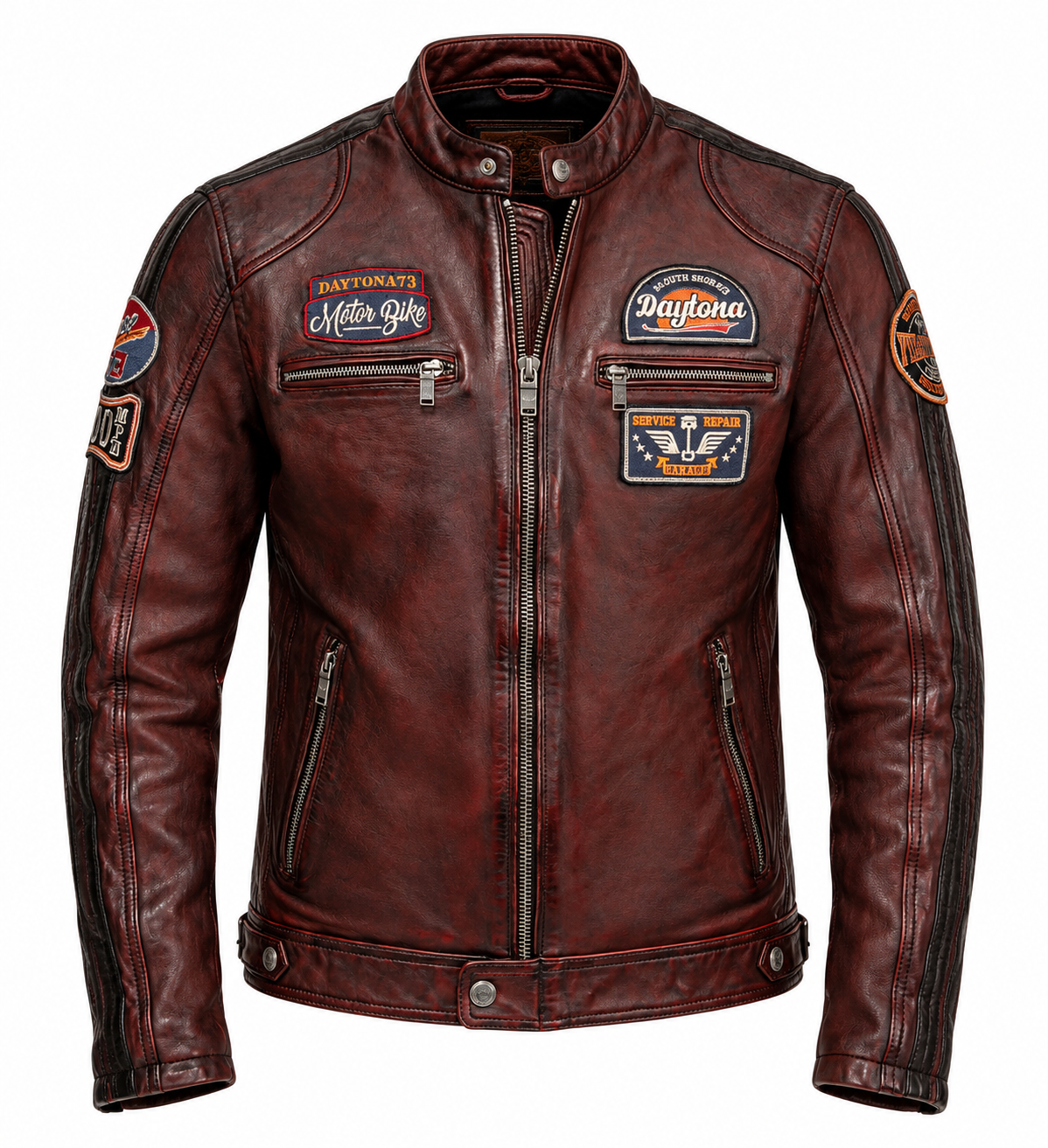 Blouson moto vintage Aniak Daytona 73 en cuir de mouton bordeaux patiné, vue de face sur fond blanc