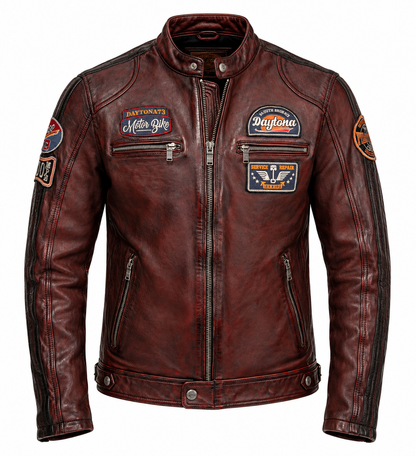 Blouson moto vintage Aniak Daytona 73 en cuir de mouton bordeaux patiné, vue de face sur fond blanc